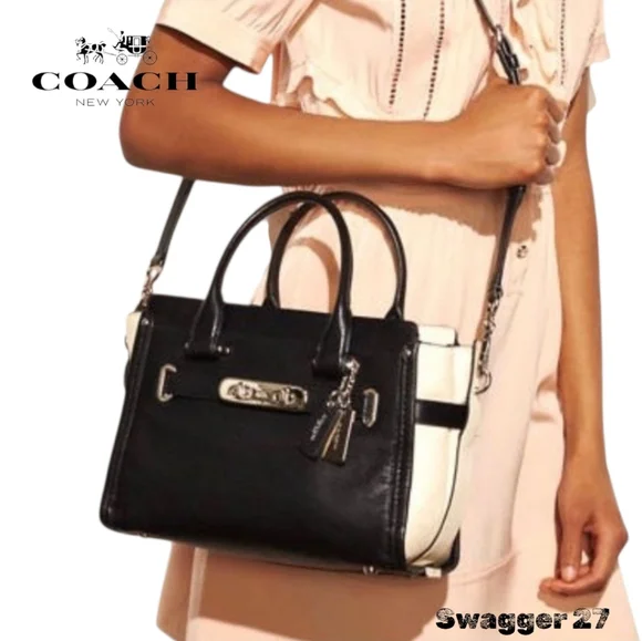 Coach Swagger 27 Black & Chalk Crossbody Satchel, Hang Tags & Original Crossbody - Picture 3 of 17